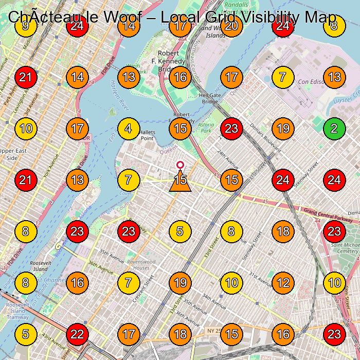 Château le Woof Coffee Shops GeoGrid ranking map for Queens NY